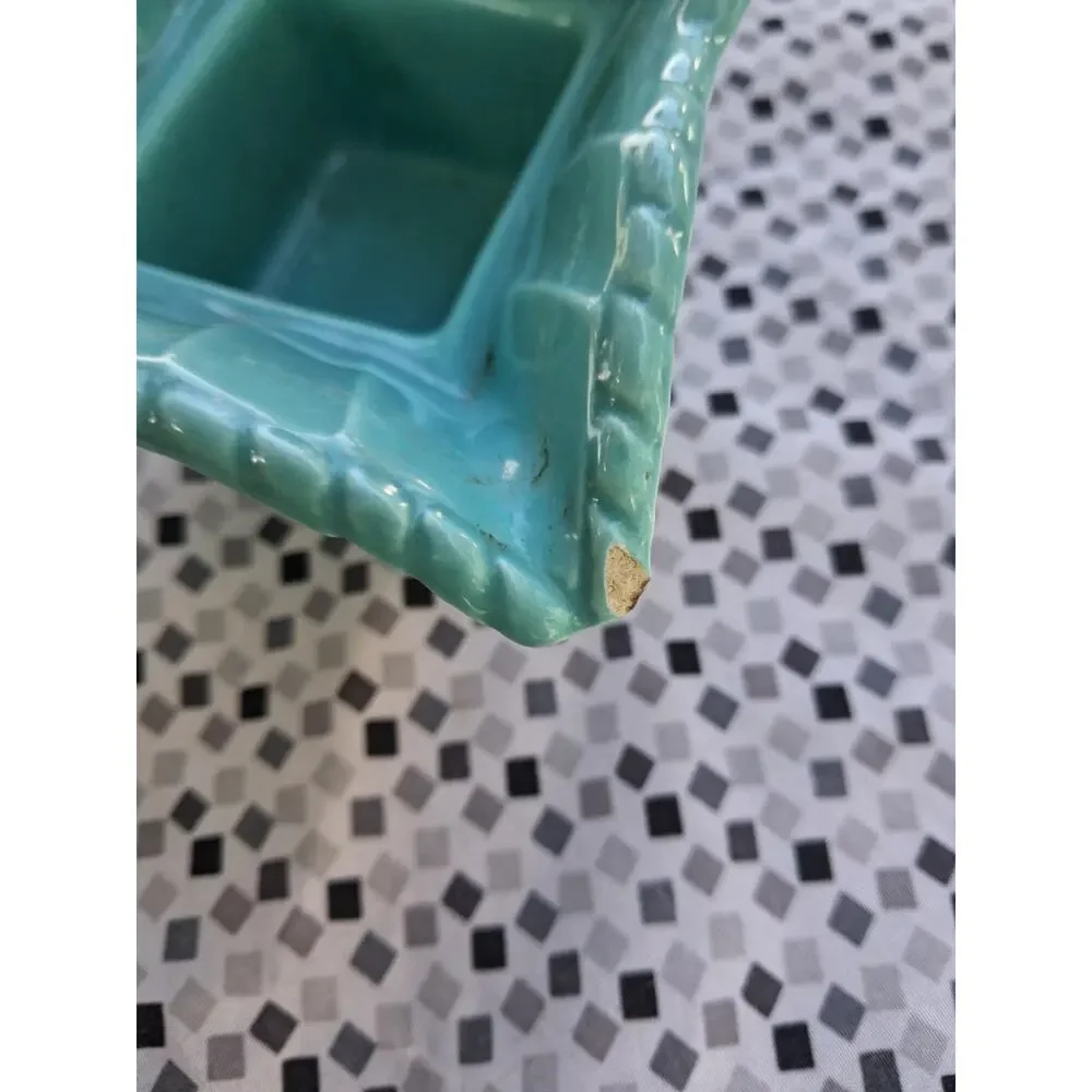 Vintage Miranda Pottery Pot/Reticulated Brass Stand Small Teal Scalloped